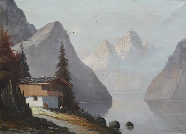 Two oils on canvas, comprising, O. Meller, Swiss mountainous scene together with another rural landscape, largest 51 x 68cm, unframed. Condition - fair